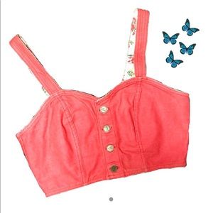 Pink 90s button down, small denim bralet